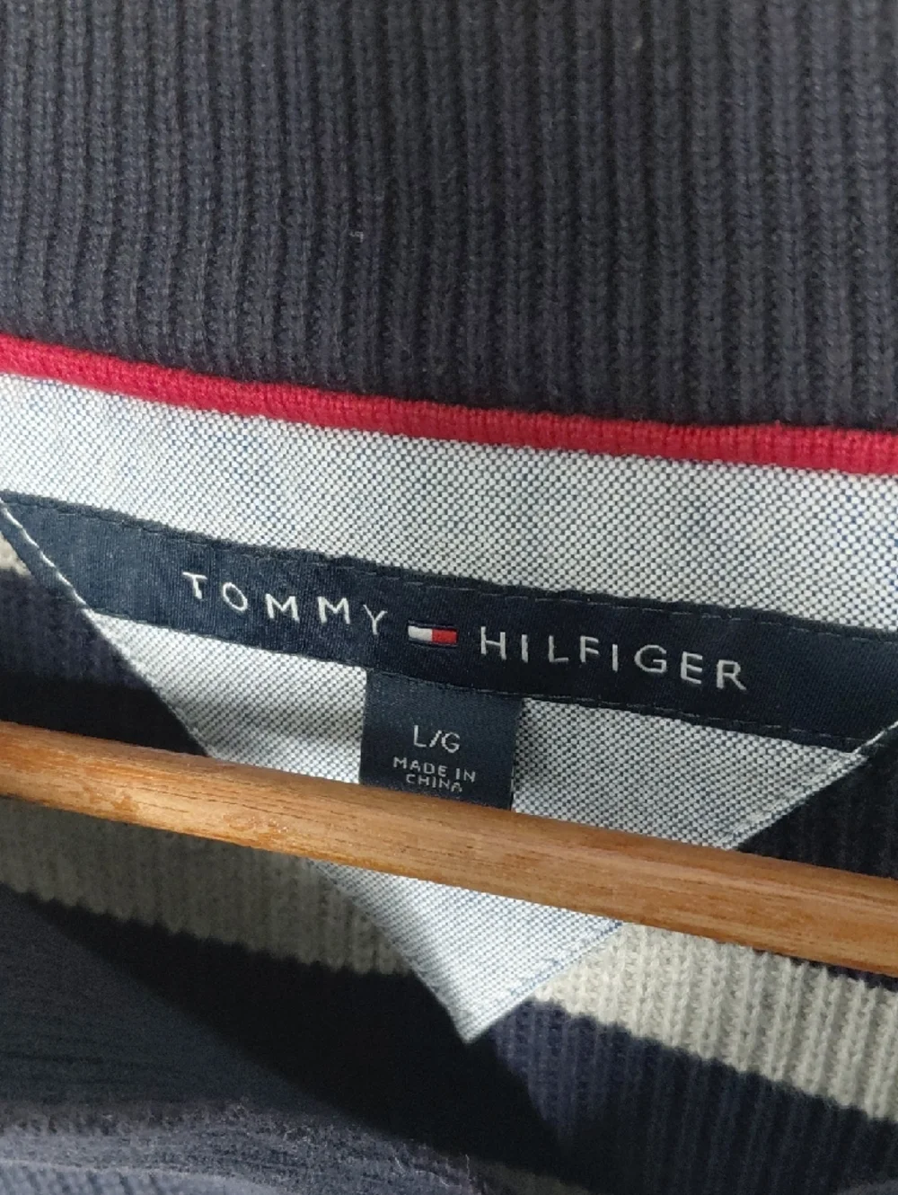 Tommy Hilfiger Navy and Cream Striped V-Neck Sweater
